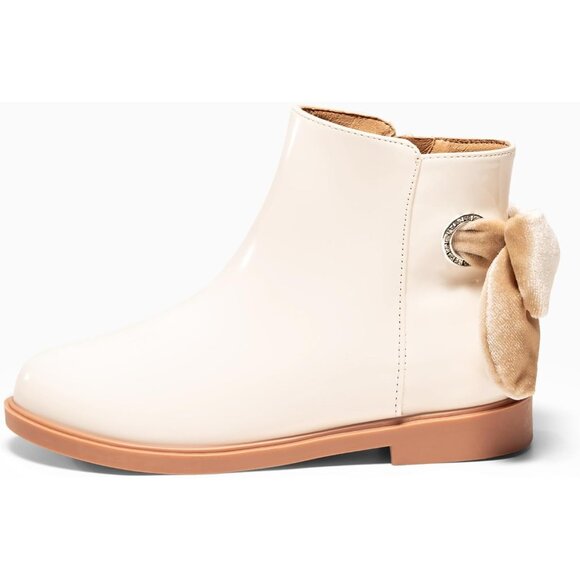 🆕Girls Off-white Faux Leather Ankle Bow Chunky Low Heel Side Zipper Dress Boot - Picture 8 of 10